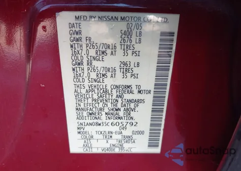 2005 Nissan Xterra S из США, поврежденный, VIN 5N1AN08W35C605792